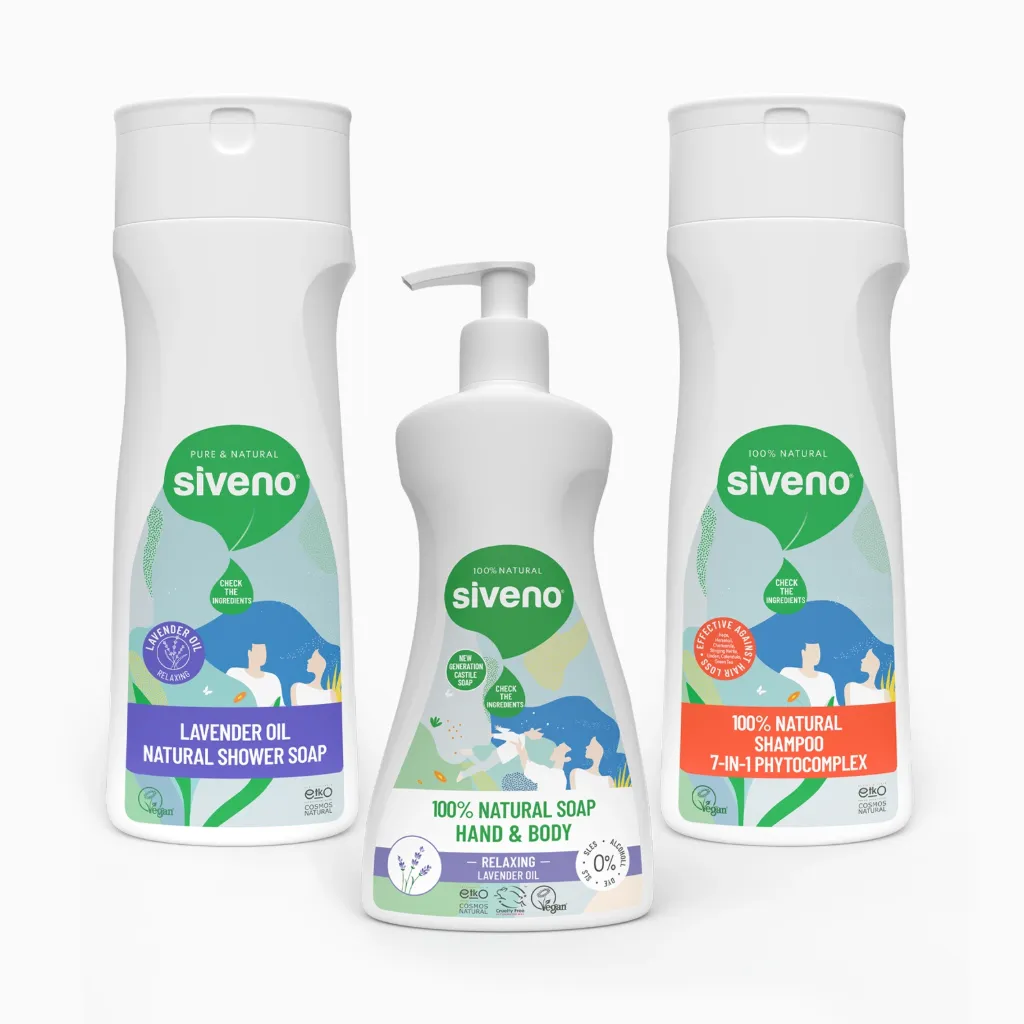 Siveno Natural Body Care Set – Liquid Soap + Shower Gel + Shampoo – 3 Pack